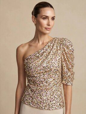 Sabina Musayev One Shoulder Sequin Top Champagne Gold M